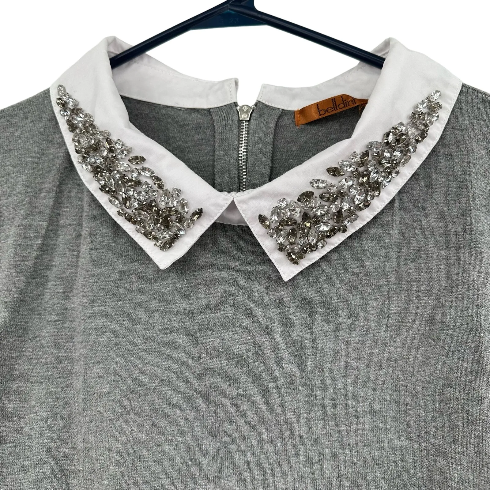 Belldini Size Large Shirt Gray Layered Look Pullover‎ Back Zip Rhinestone Collar - Image 3