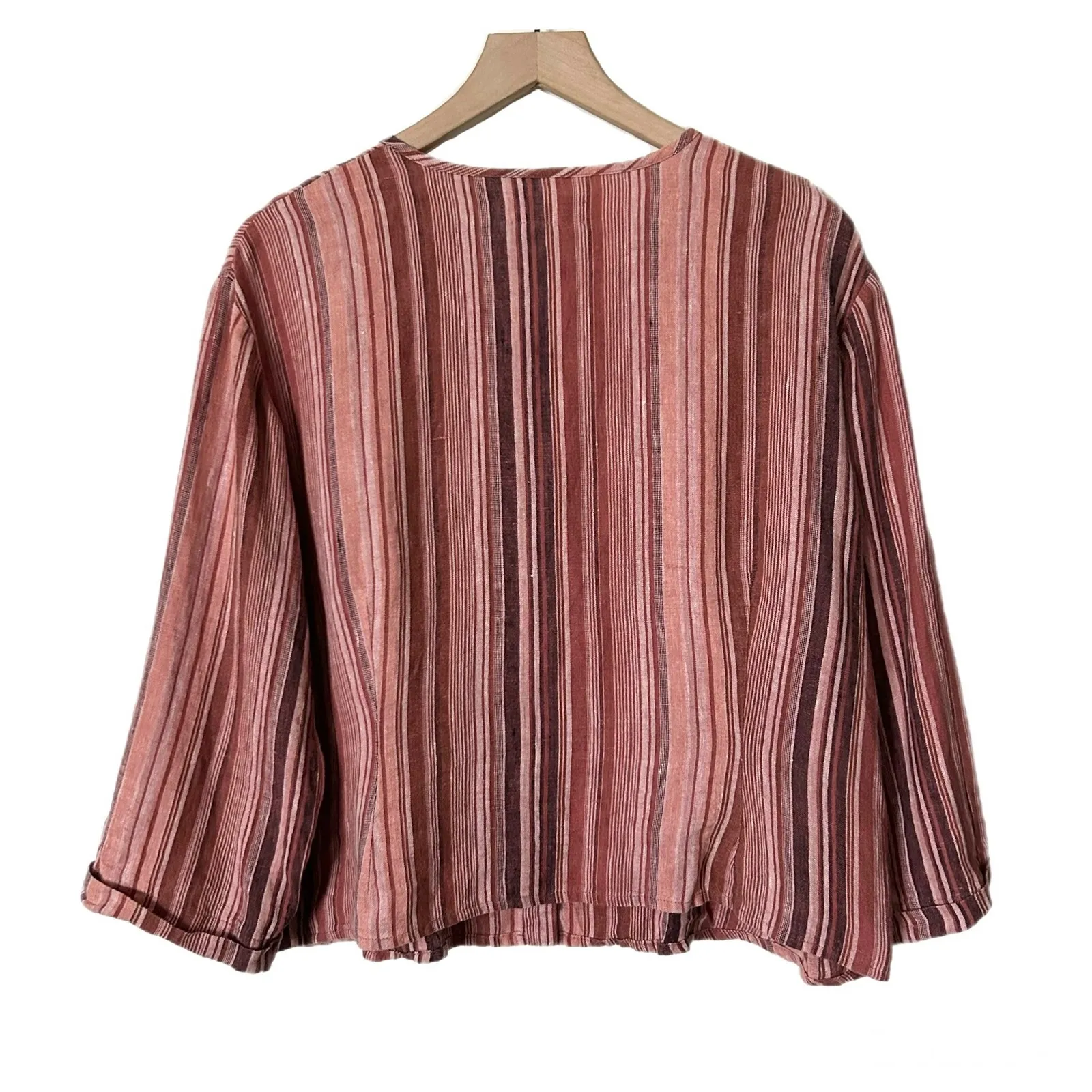 Flax 100% Linen Striped Button Front 3/4 Sleeve Top Size Medium - Image 3