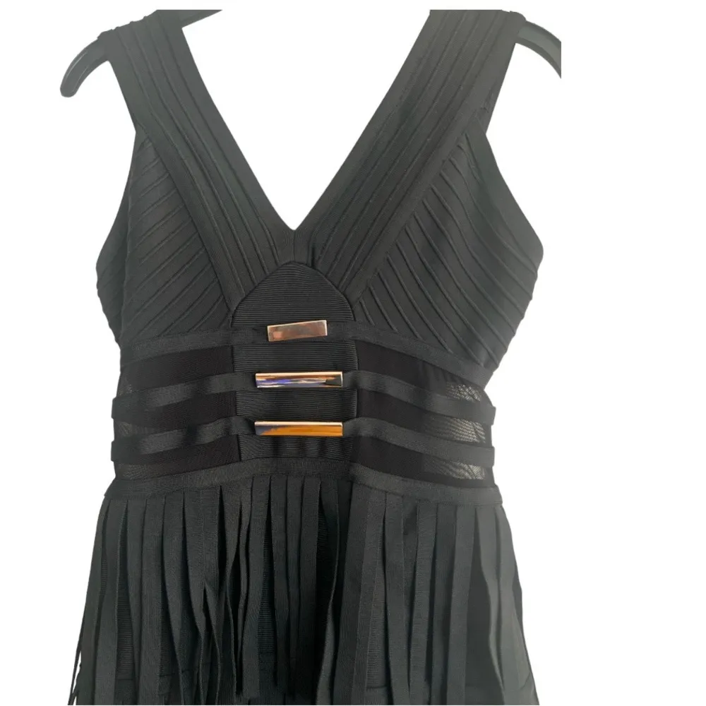 Black Bandage Fringe Gold Plate Mesh Mini Party Dress Small - Image 3