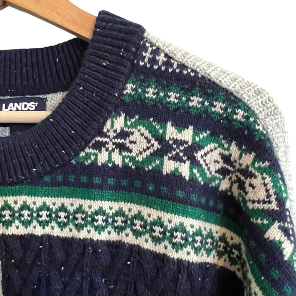 Lands End Womens Patchwork Fair Isle Cable Knit Sweater Size S Fisherman Grandpa - Image 3