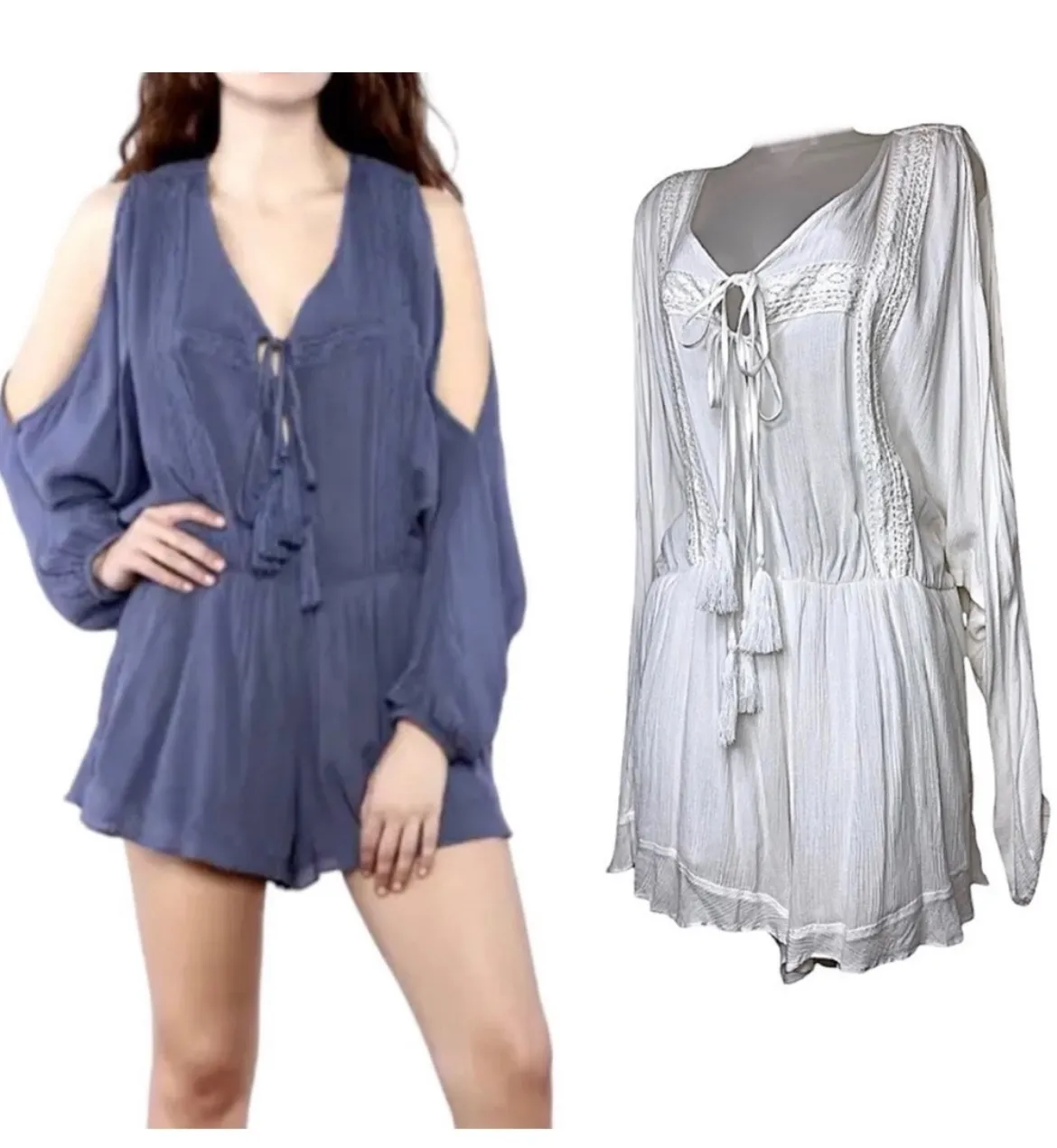 Dolman Slit Sleeve Cut Out Plunge Neck Strappy Lace Up Romper White Large Boho - Image 3