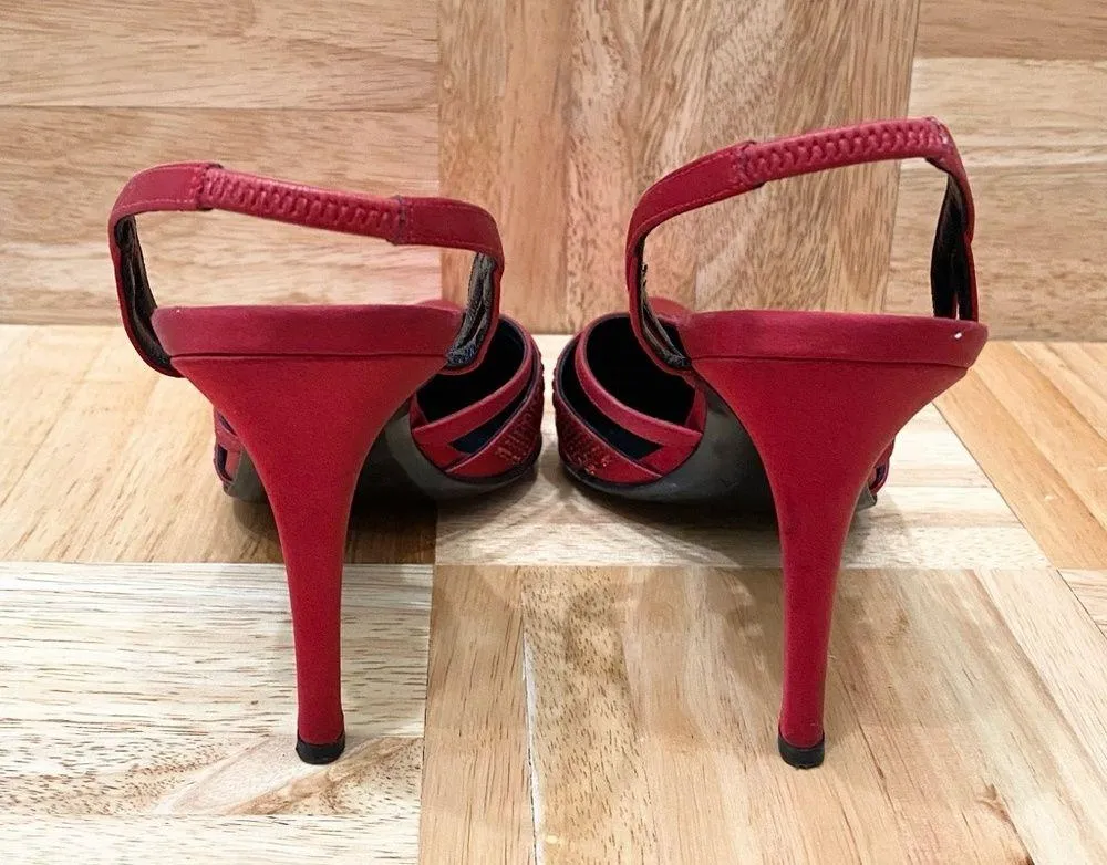 Vintage ESCADA Red Satin Embellished Pointy Toe Sling Back High Heels Pump 37 Size 6 - Image 5