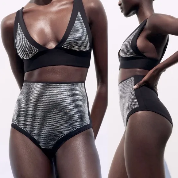 Zara Bathing Suit BOTTOMS BIKINI PANTIES W/ A HIGH WAIST & RHINESTONES Black NEW - Image 2