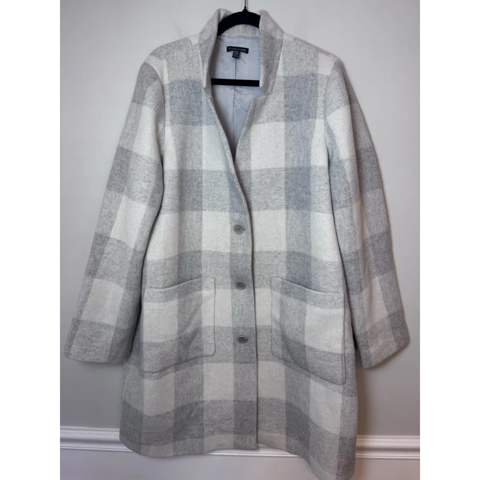 EILEEN FISHER DARK PEARL / GRAY WOOL BLEND CHECK PRINT PEA COAT XL $498 NEW - Image 4