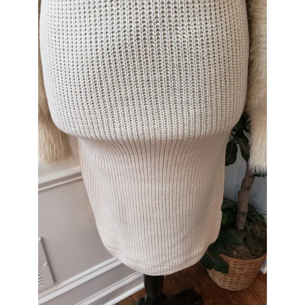 Bump Biddy Sweater Dress Maternity Beige Ribbed Puffy Fur Sleeve Turtleneck LG - Image 10