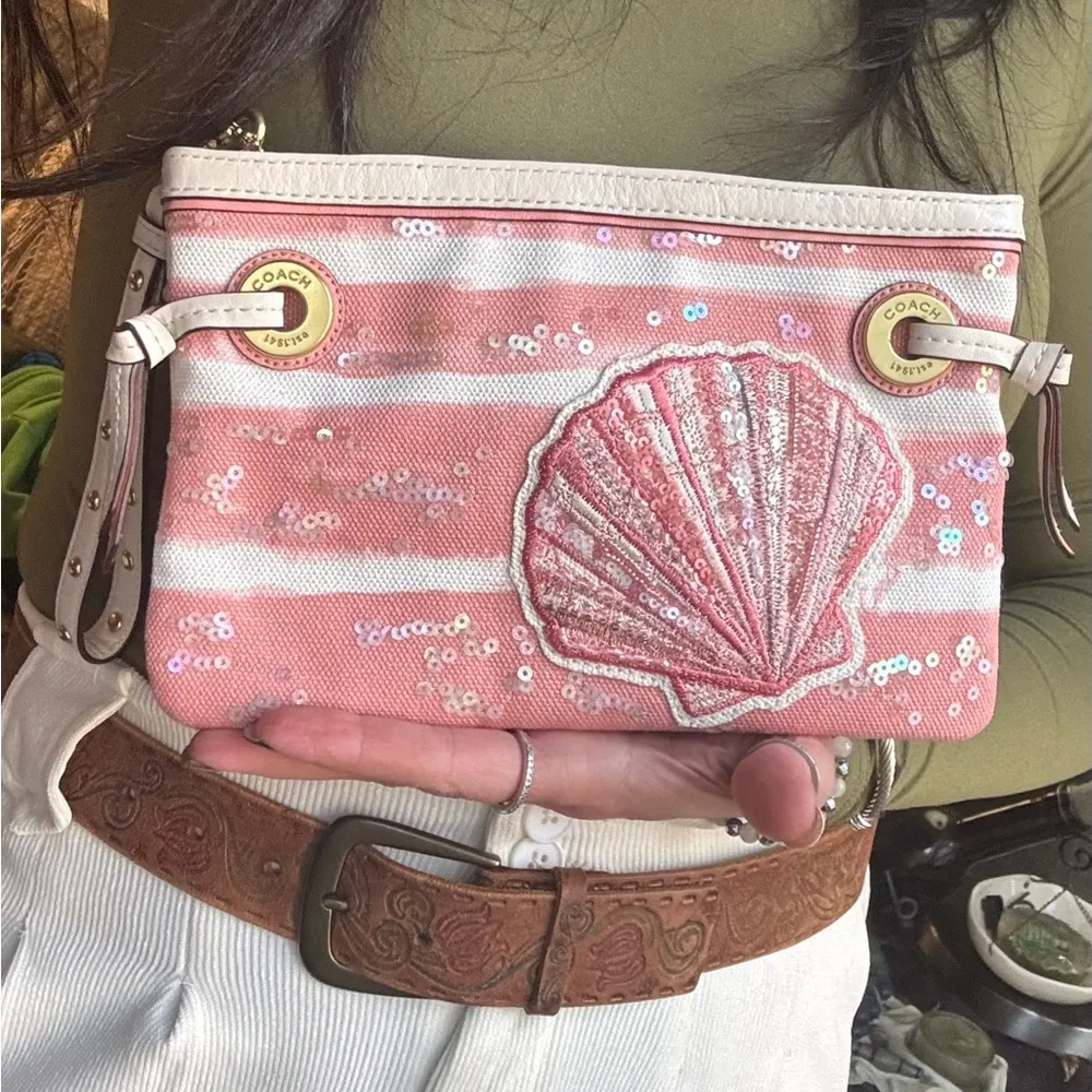 Coach Authentic  1941 seashell sequins canvas/Leather zip top Clutch/wristlet - Image 11