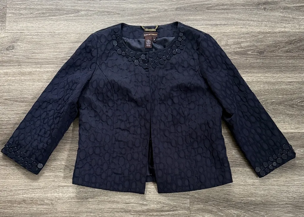 Dana Buchman Navy Textured Blazer Size 12 Collarless Jacquard Embellished Trim - Image 1