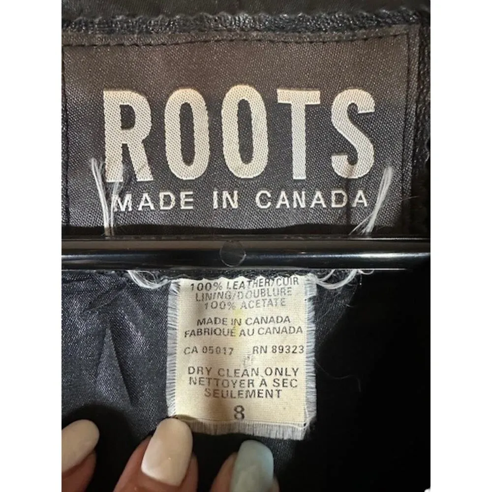 Roots Black Leather Button Front Collared Basic Leather Jacket Women Sz 8 - Image 10