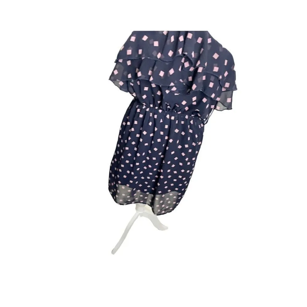 Ya Los Angeles Navy Blue Pink Geometric Ruffle Halter Sundress Size S Chiffon - Image 3