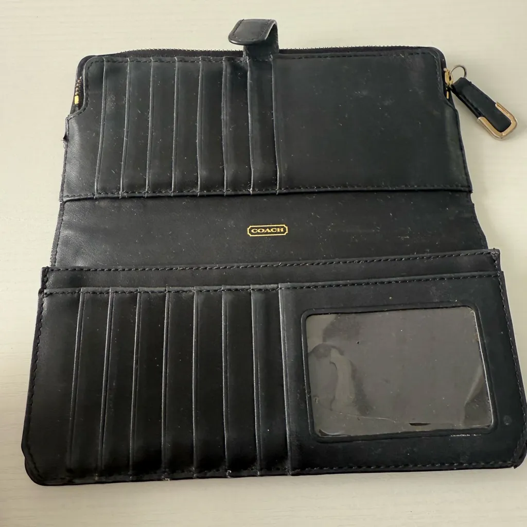 Vintage Coach Black Leather Continental Wallet – Gold Logo, Zip Coin Pocket - Image 3
