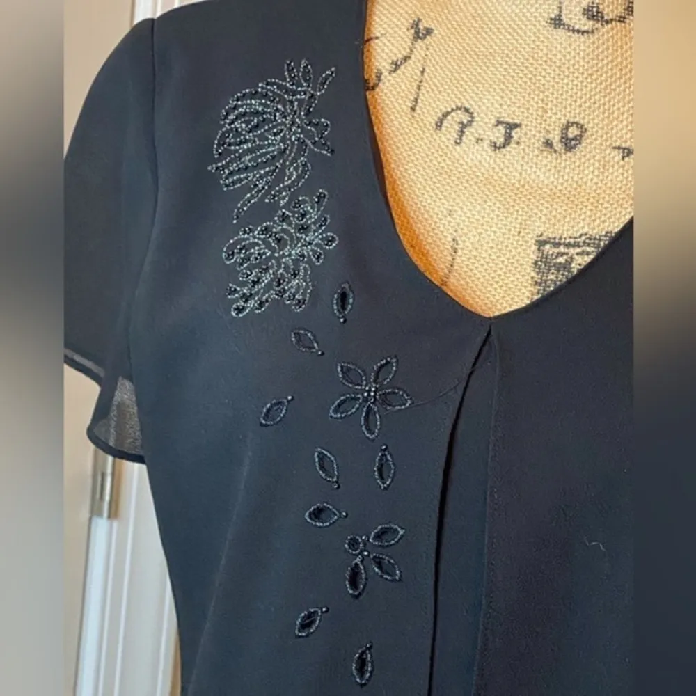 Vintage Black Positive Attitude Beaded Victorian Bow Dress 80s with 40’s style Size 12 - Image 3