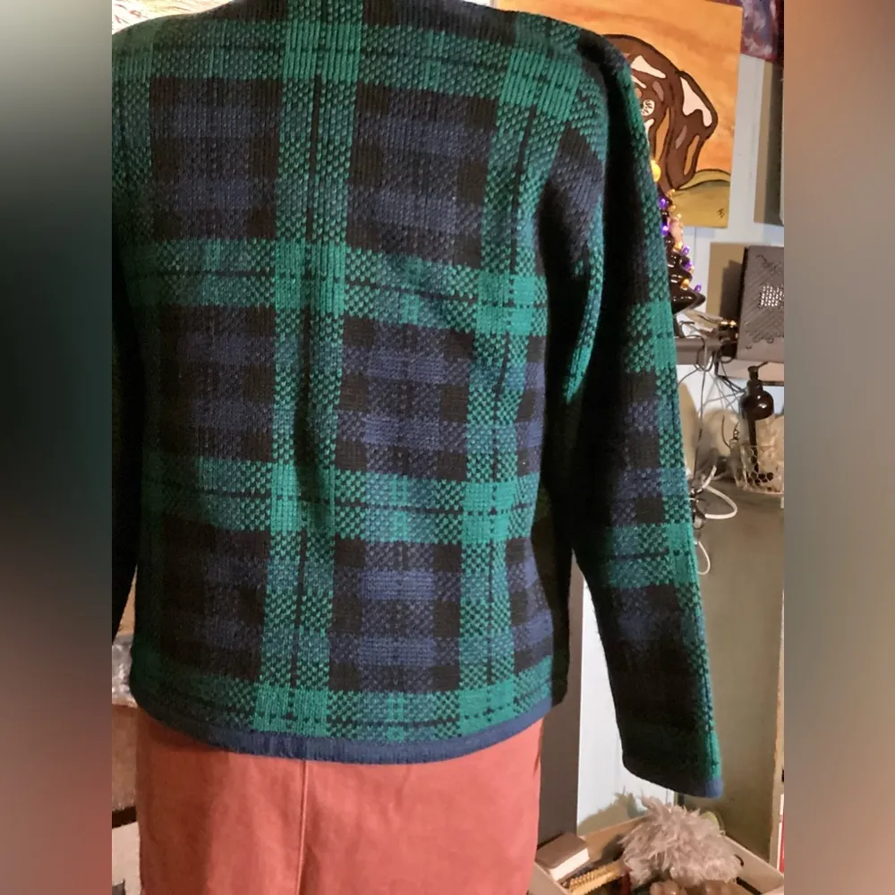 Vintage Plaid Navy Green Black 90’s Dark Academia Pockets Gold Buttons Cardigan - Image 8