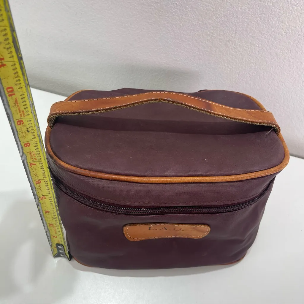 Jon Hart Burgundy Canvas Travel Zip Cosmetic Leather Bag  Makeup Case - Image 4