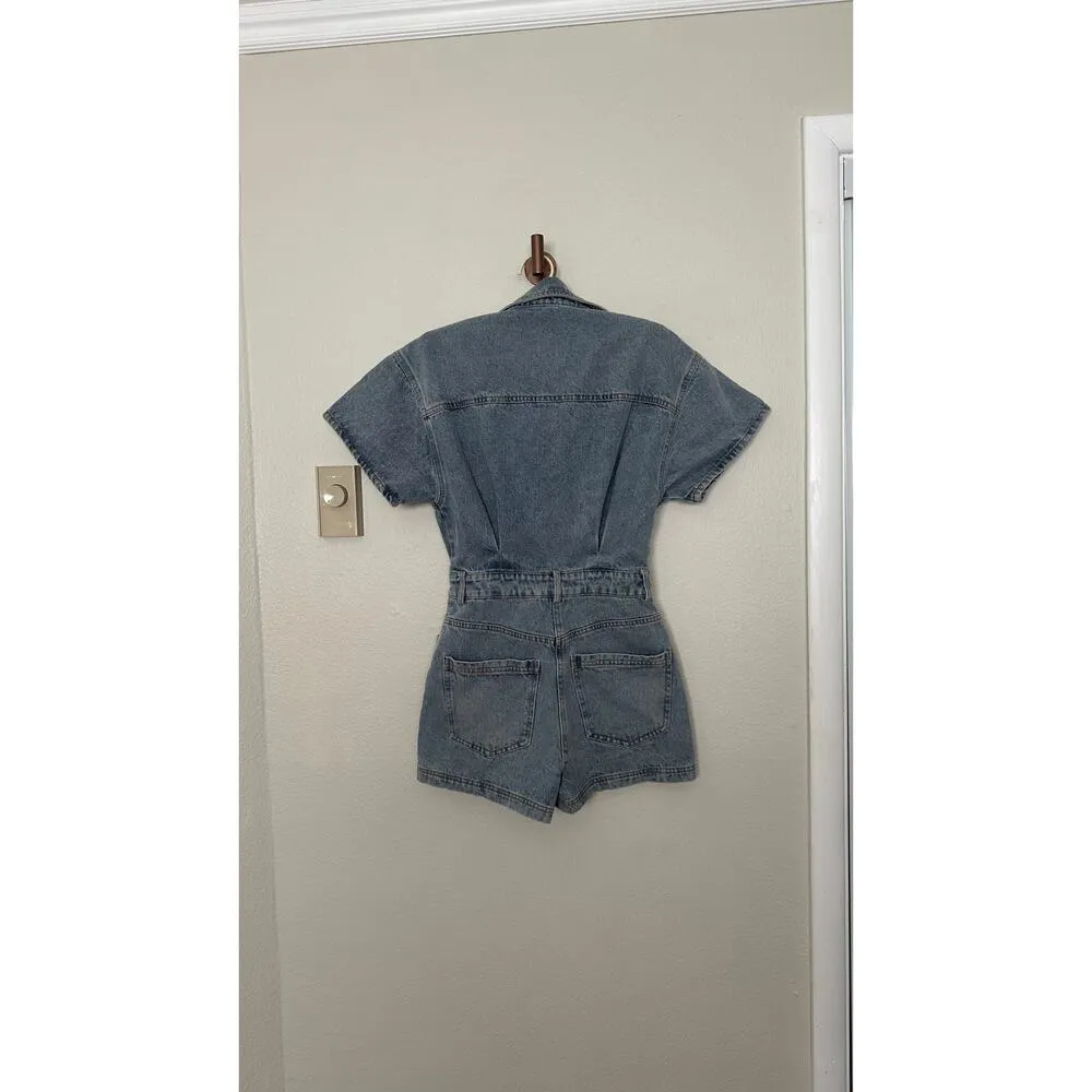NWT Le Lis Small Denim Blue Jean Shorts Romper Collared Wait For It 100% Cotton - Image 6