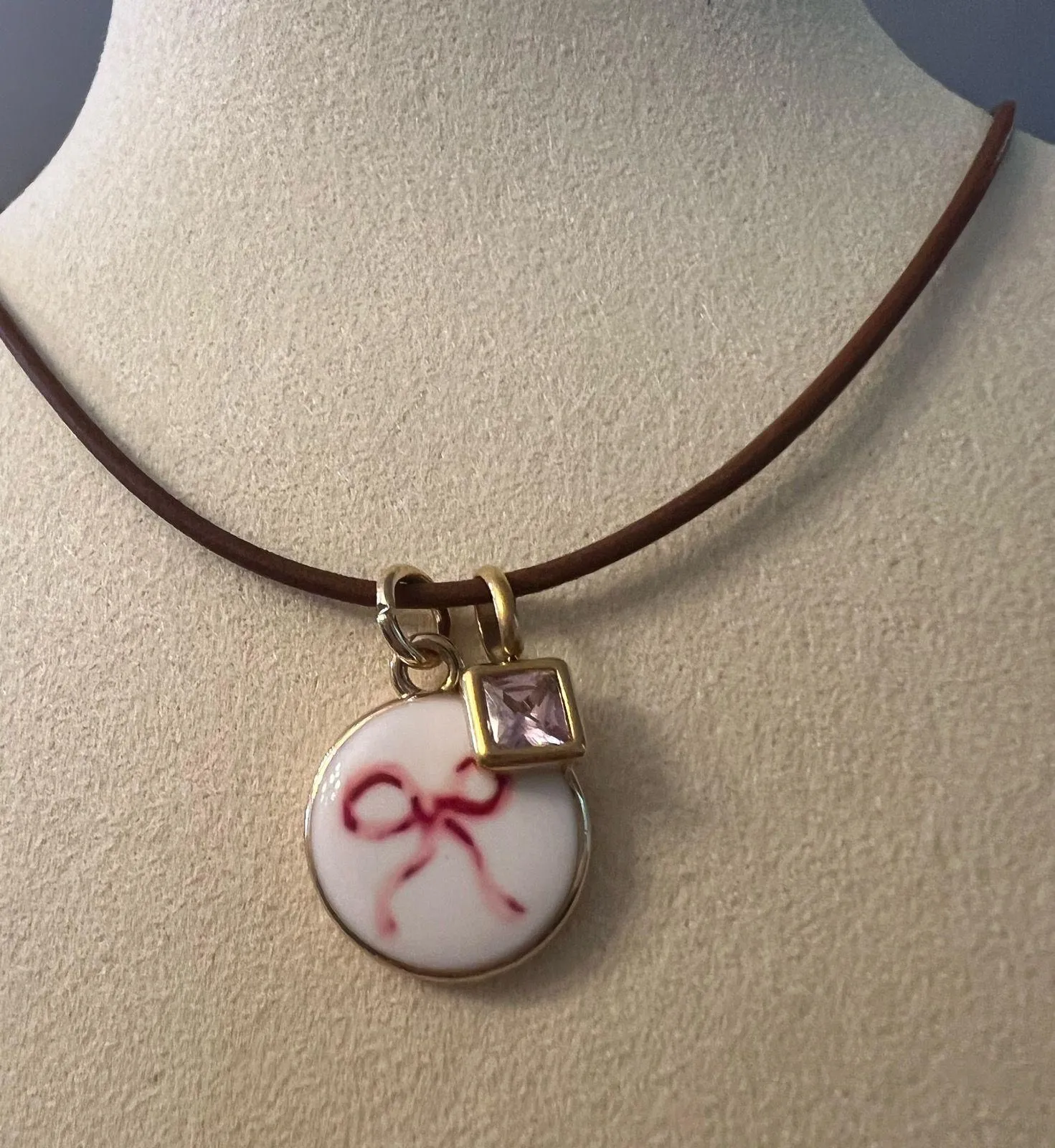 Leather cord and ribbon cute charm with birthstone necklace choker  - Image 2