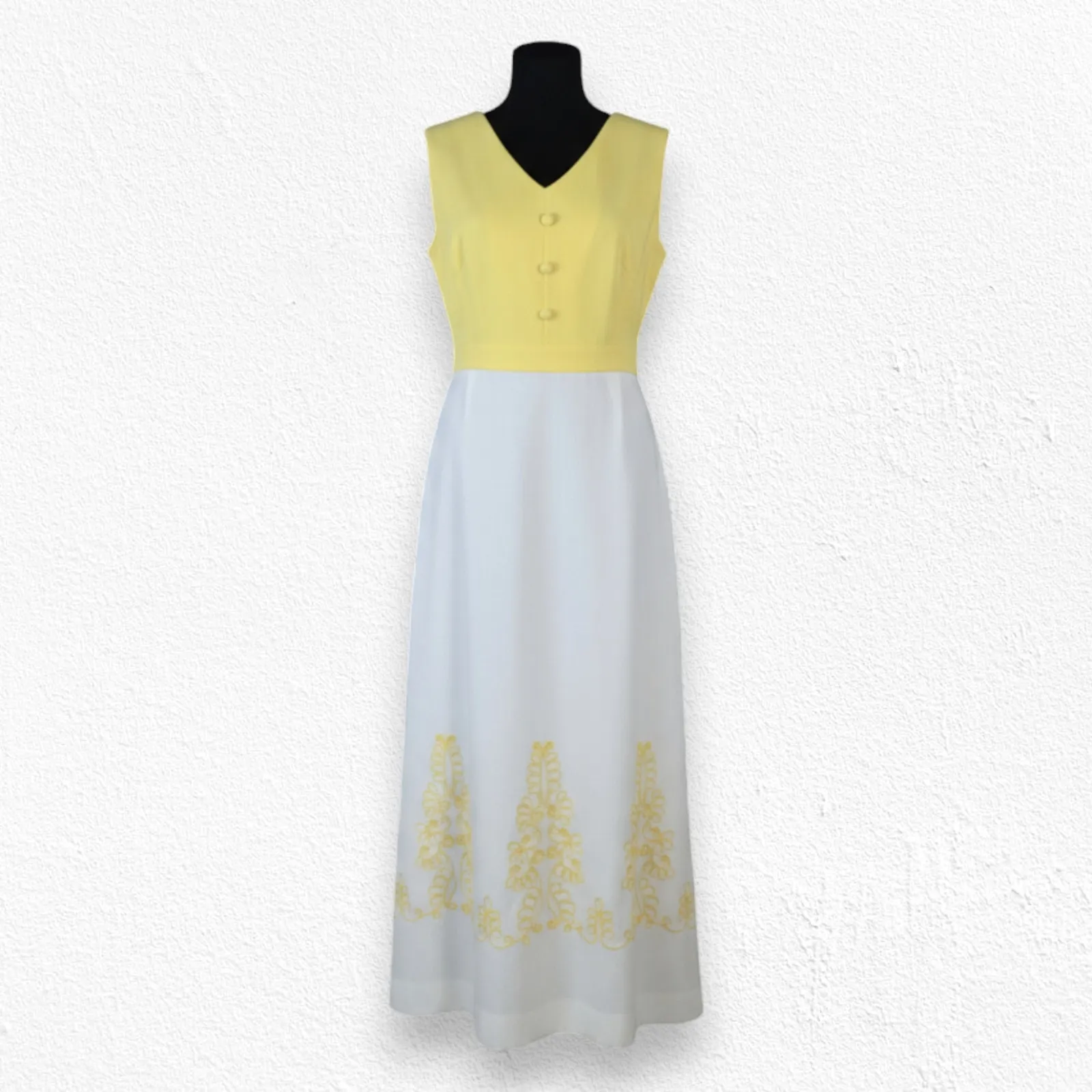 Vintage 1960s Edith Flagg Yellow Crimplene Maxi Dress Embroidered Vintage Size 8 - Image 3