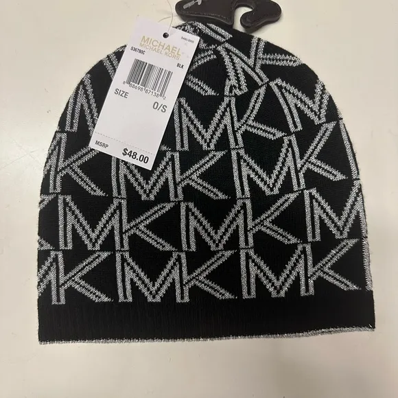 Michael Kors MK Logo Monogram Print Black Silver Knit Hat Beanie Womens NEW - Image 2