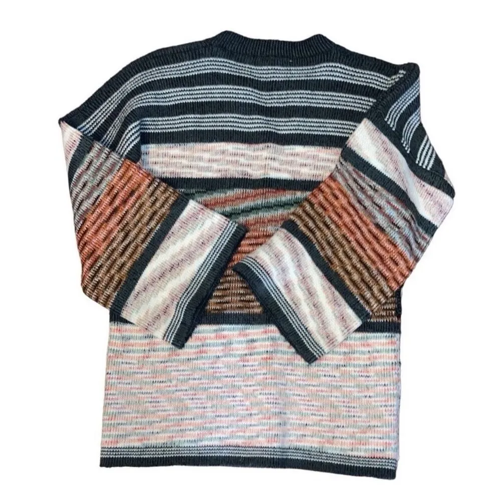 Vintage 70s 80s Kimlon by RBK Acrylic V Neck Sweater Colorful Stripee Abstract S Orange - Image 7