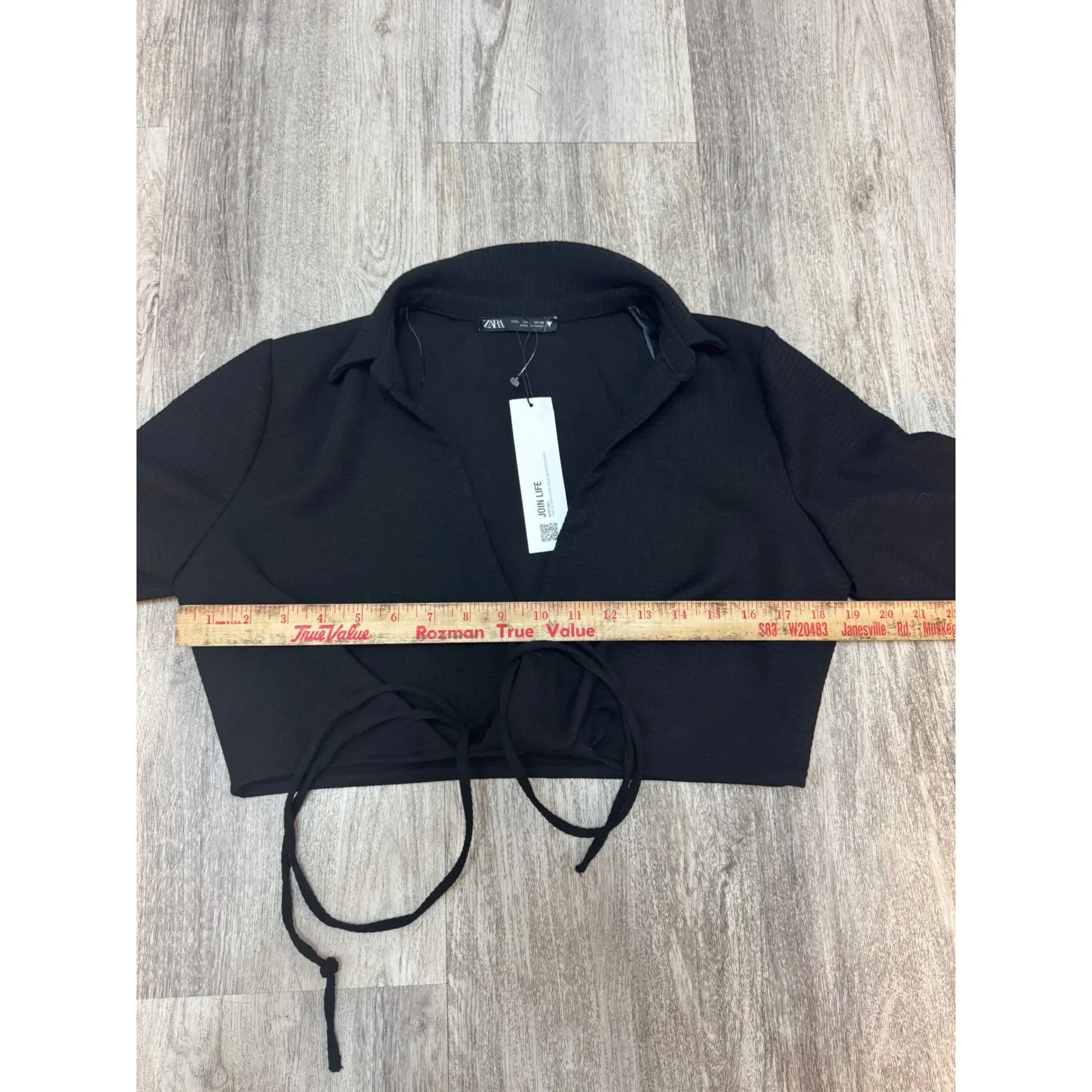 Zara Collared‎ Tie Front Cropped Blouse Top Long Sleeve Black Size Large NWT - Image 5