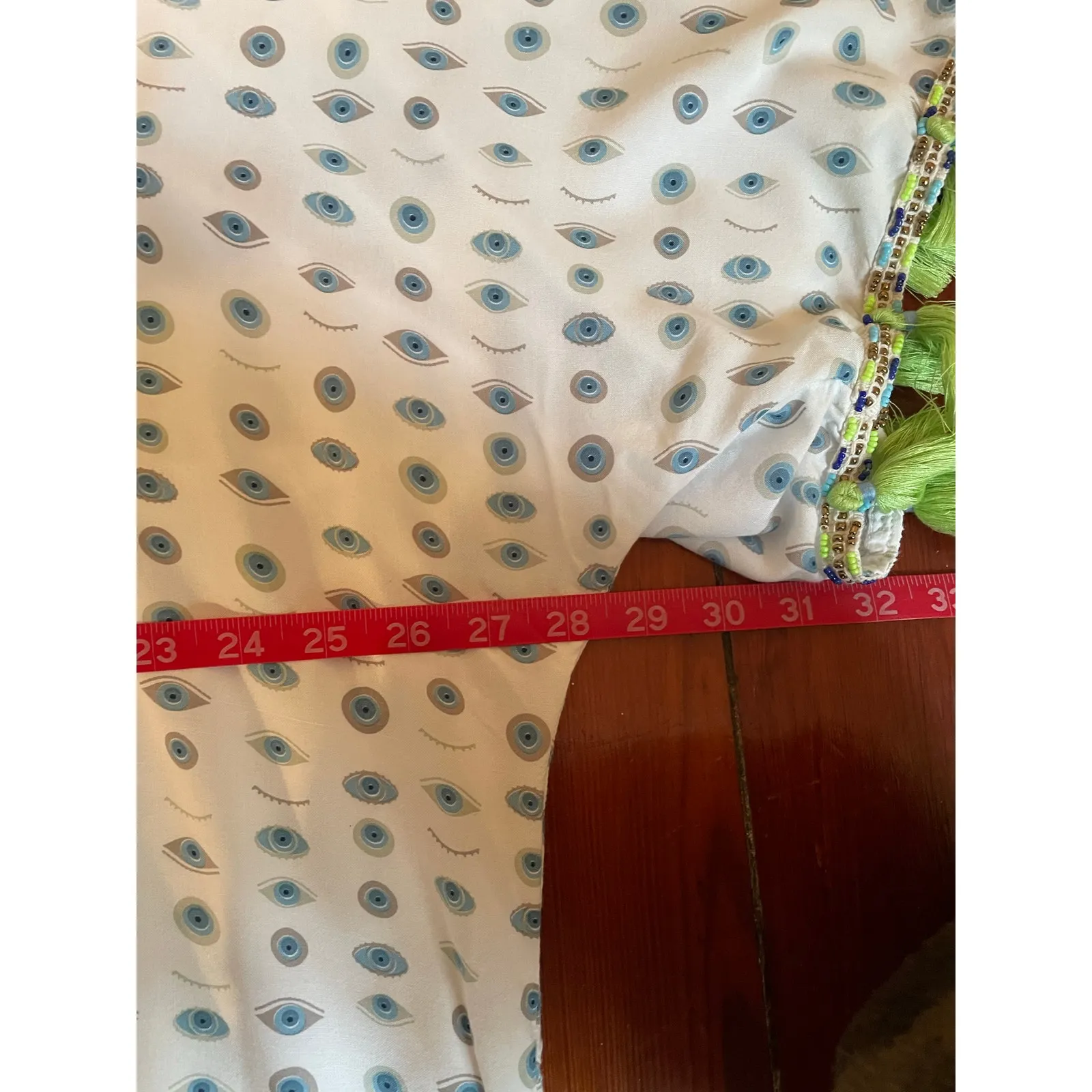 Skemo Beaded Kaftan Cover Up Dress Evil Eye Print Tassel Trim Size S White - Image 7