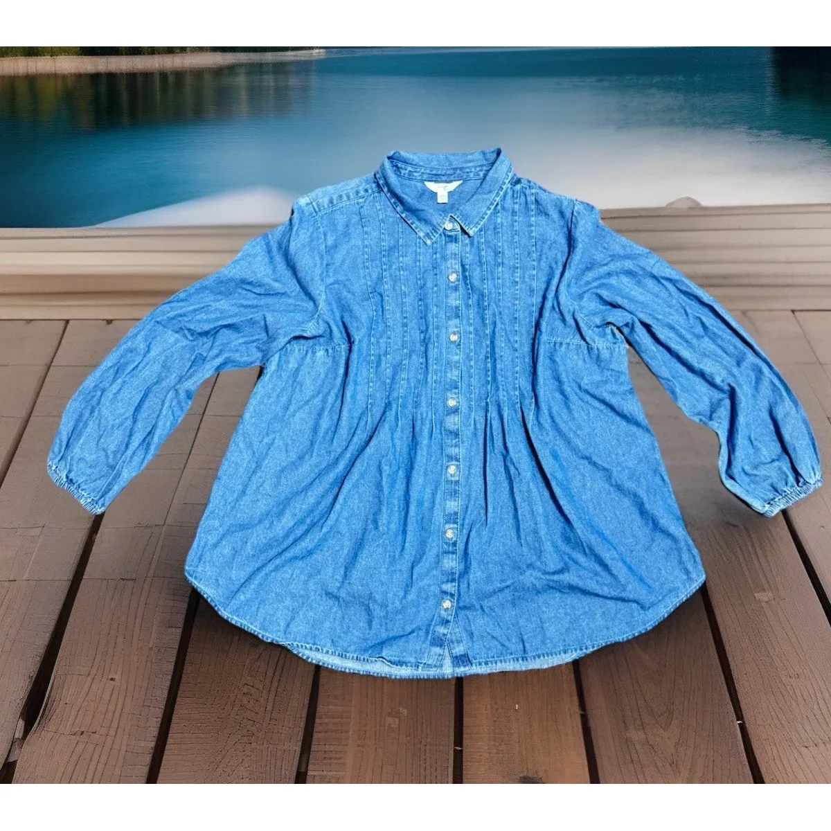 Chic Terry&Sky Women 1X Babydoll Blue Denim Shirt Ribbed Pin Pleated Y2K Style - Image 2