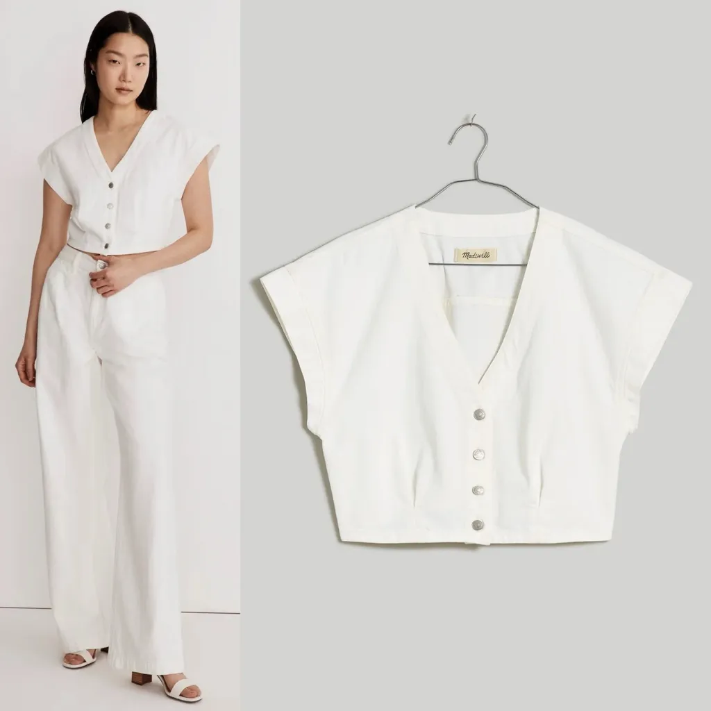 Madewell Denim Cap-Sleeve Button Front Crop Top in Tile White - Image 2