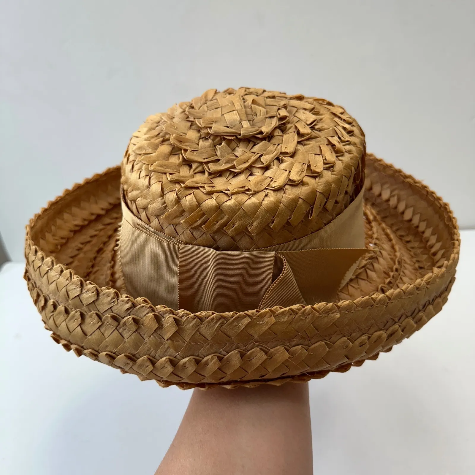 Vintage Amy New York‎ Straw Boater Hat Abraham Straus Ribbon Accent Tan - Image 6