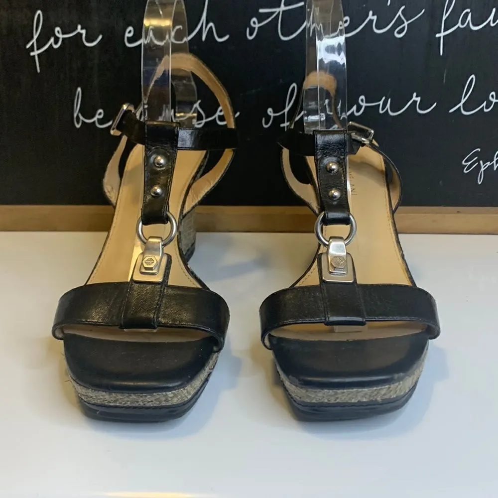 Antonio Melani Black Suede Slingback T-Strap Cork Wedge Heels - 10M - Image 4