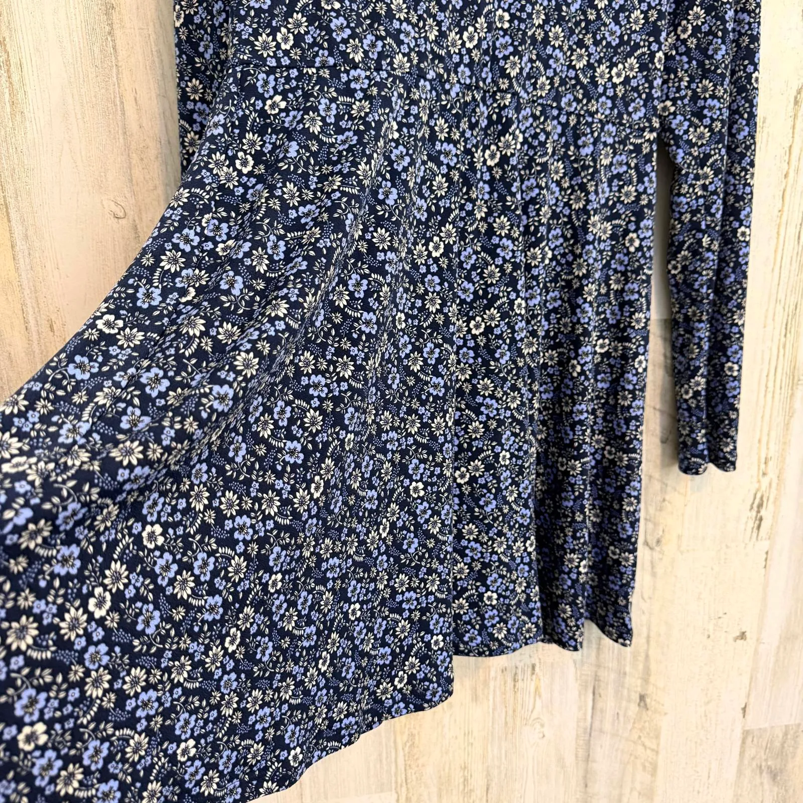 Floral Long Sleeve Babydoll Dress Boho Cottagecore Blue White Women's XL Stretch - Image 7