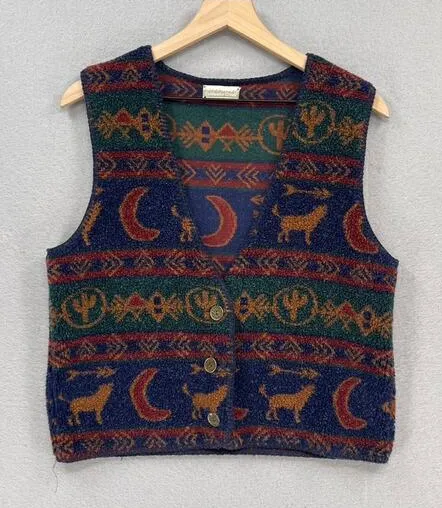 Vintage Coldwater Creek Vest Womens Sm/Md Blue Southwestern Howling Wolf Boho - Image 1
