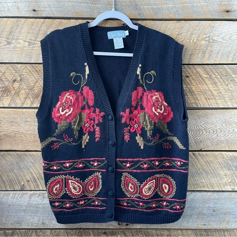 VTG Ciel Bleu Women’s Large Floral Sweater Vest Buttons Flowers Cottagecore 90s Blue - Image 5