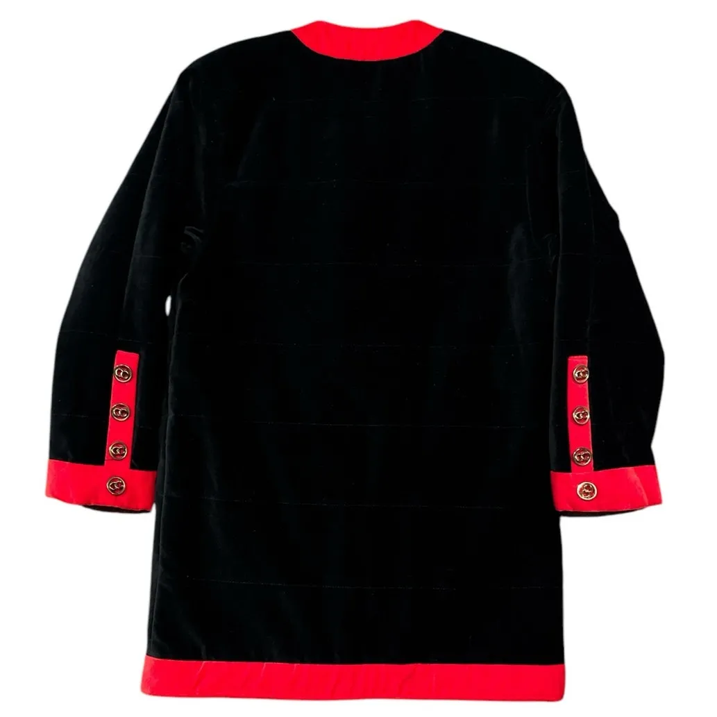 Vintage 80s Cattiva Velvet Quilted Coat Black Red Trim Gold Buttons Sz Small - Image 3