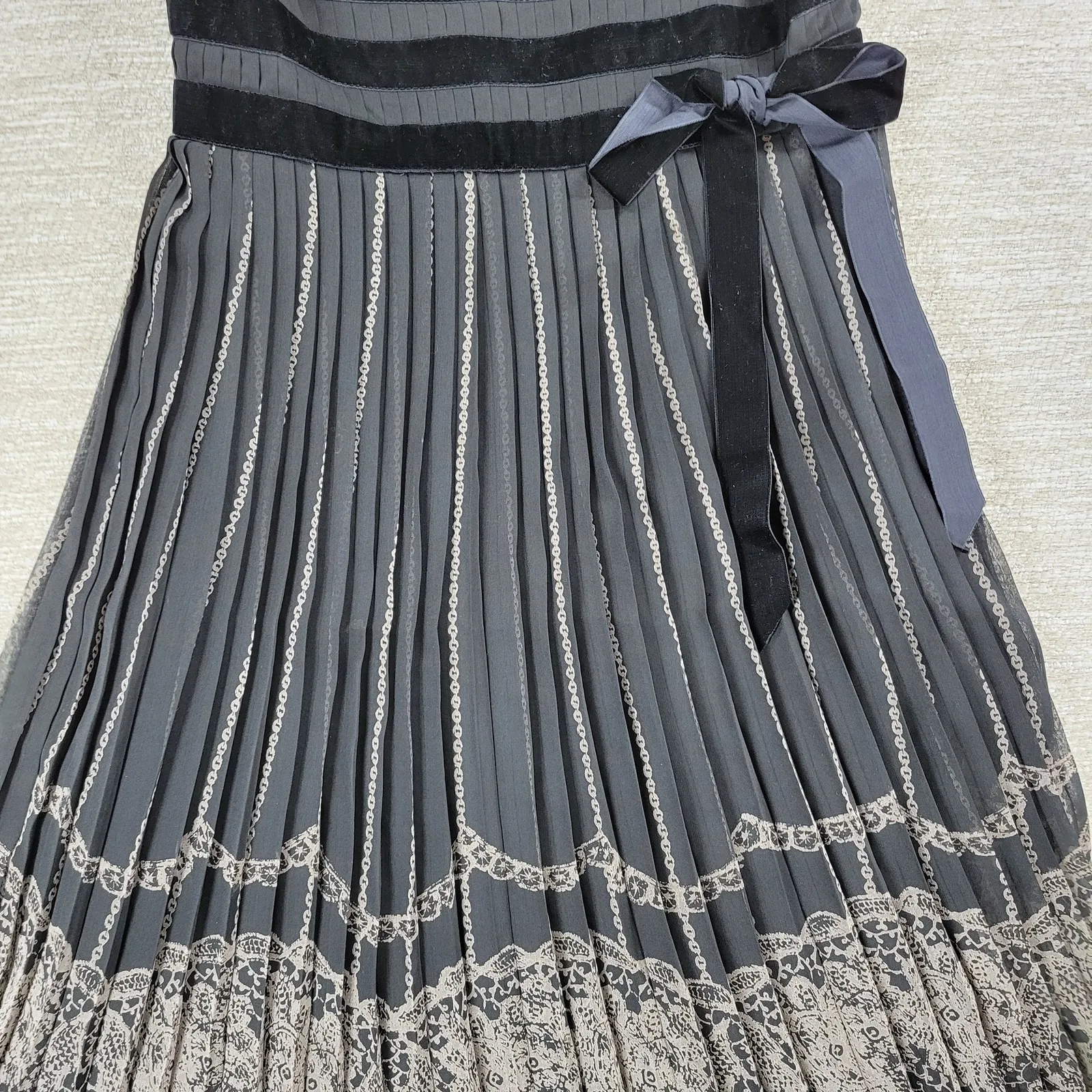 VTG Ann Taylor LOFT Faux Wrap Dress 2 Black Gray Pleated Velvet Trim Coquette - Image 15