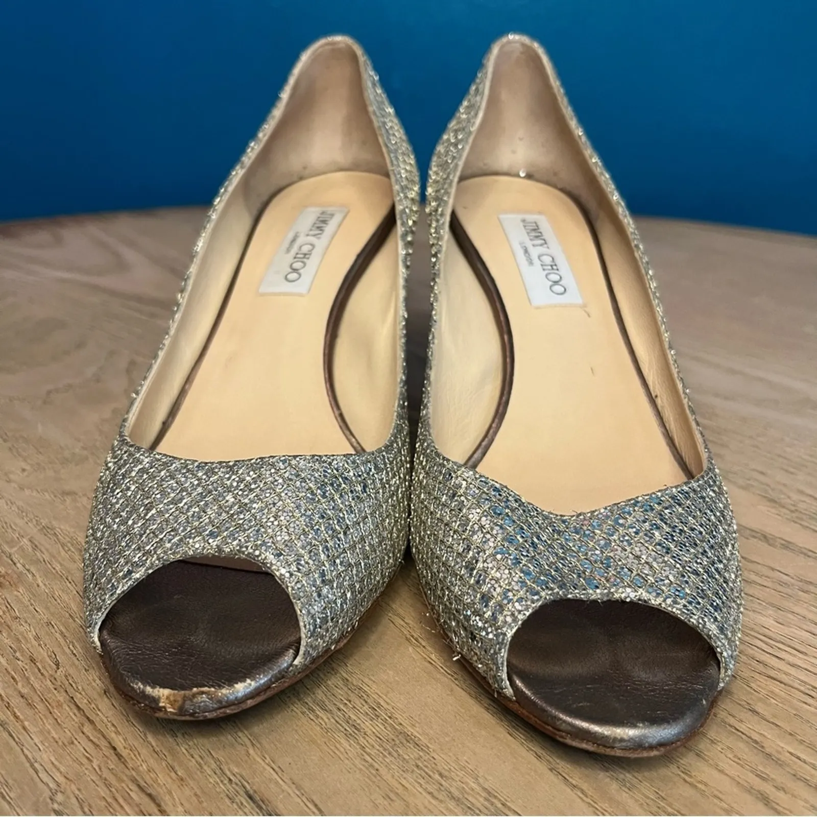 Jimmy Choo Isabel Peep Toe Mid Heel Pumps Sparkle Glitter Size 39.5 Women’s 9.5 - Image 5