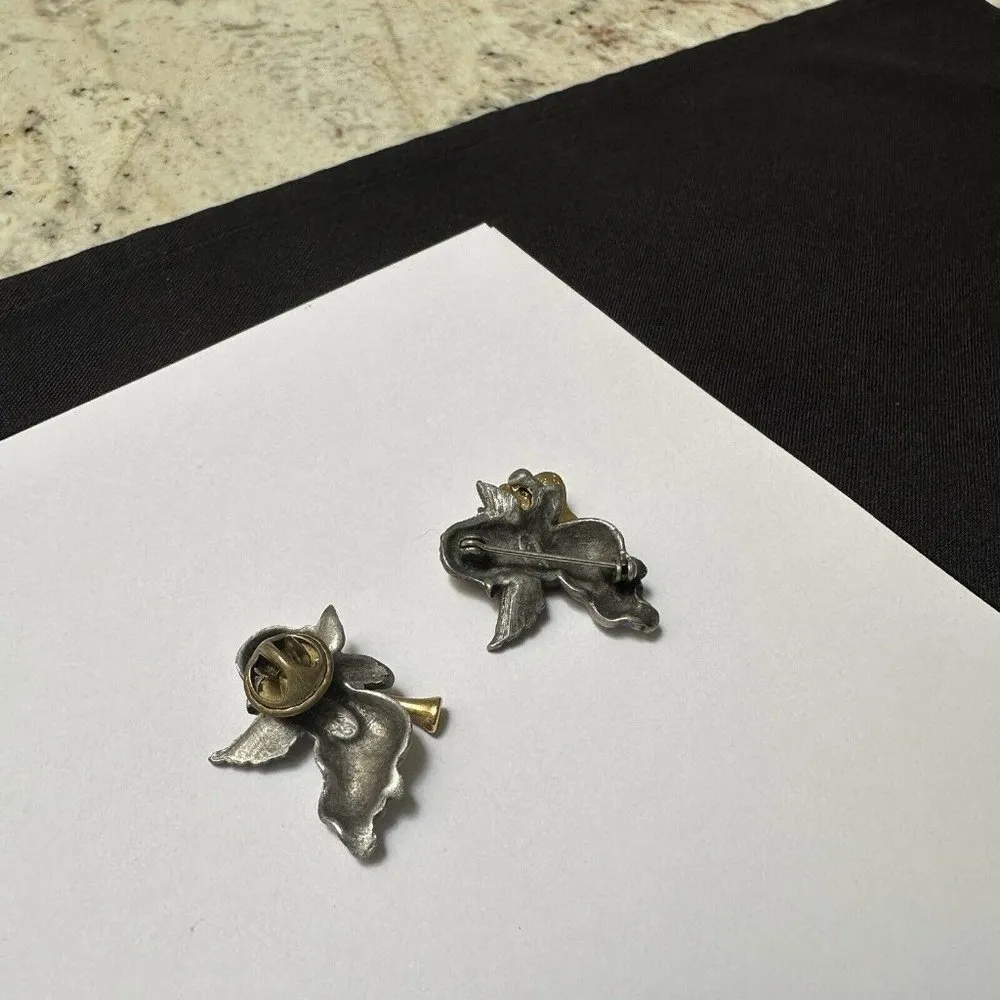 Lot Of 2 Signed Daria Brooch / Pin Pewter Angel Cherubs Musical Instrument Silver - Image 5