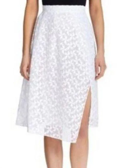 Tanya Taylor Rare White Lace Knee Length Diagonal Slit Floral Skirt Size 6 - Image 1