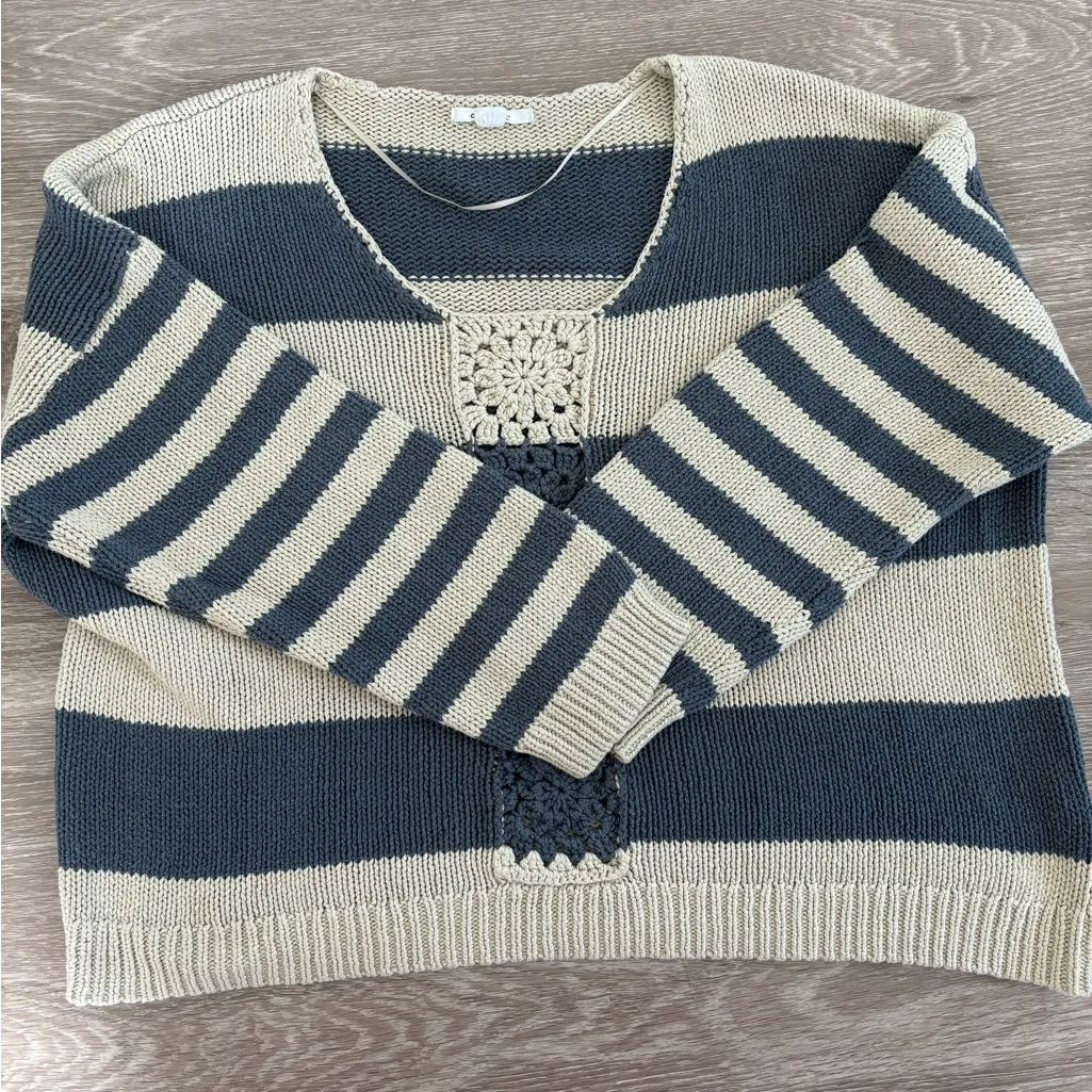 O'Neill Sweater Womens Size L Blue Cream Stripe‎ Crochet Y2K Beachy Coastal Boho - Image 7