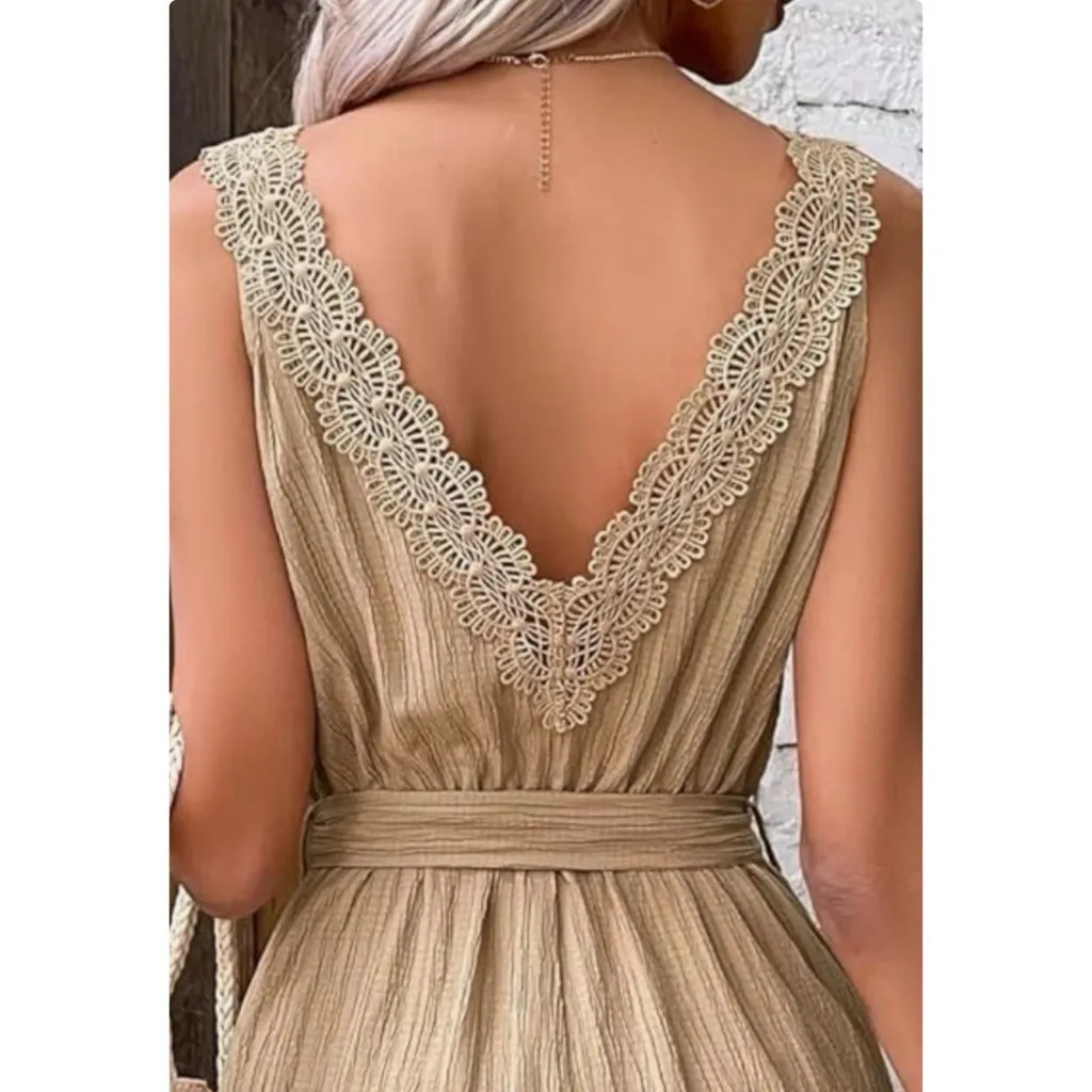 CUPSHE Women’s Beach Resort Romper Beige Crochet Sleeveless Sz Small Shorts New - Image 3