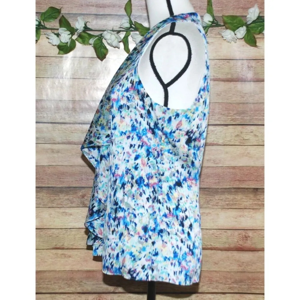 Ann Taylor Blue Ladies Sleeveless Blouse Top Size 10 Ruffle Side Zipper V-Neck - Image 5