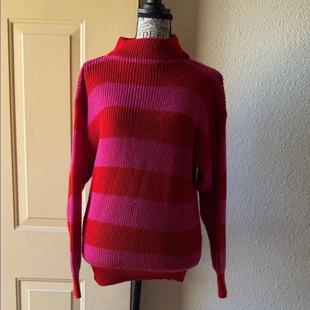 Vibrant Red and Pink Striped Women's Turtleneck Sweater - Image 8