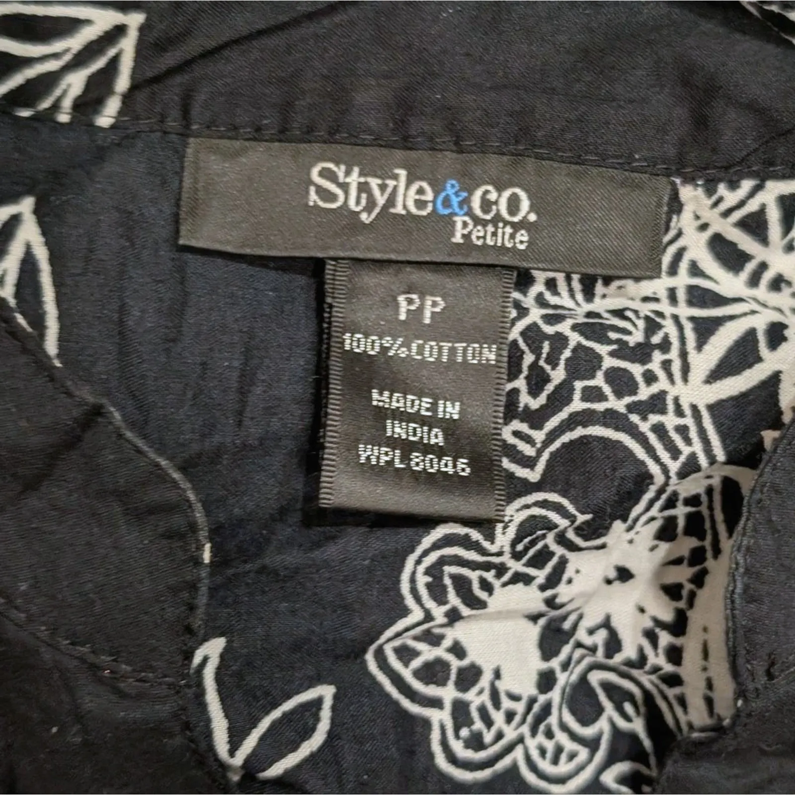 Style & Co Petite Small Black Print Peasant Top Shirt Boho Hippie - Image 2