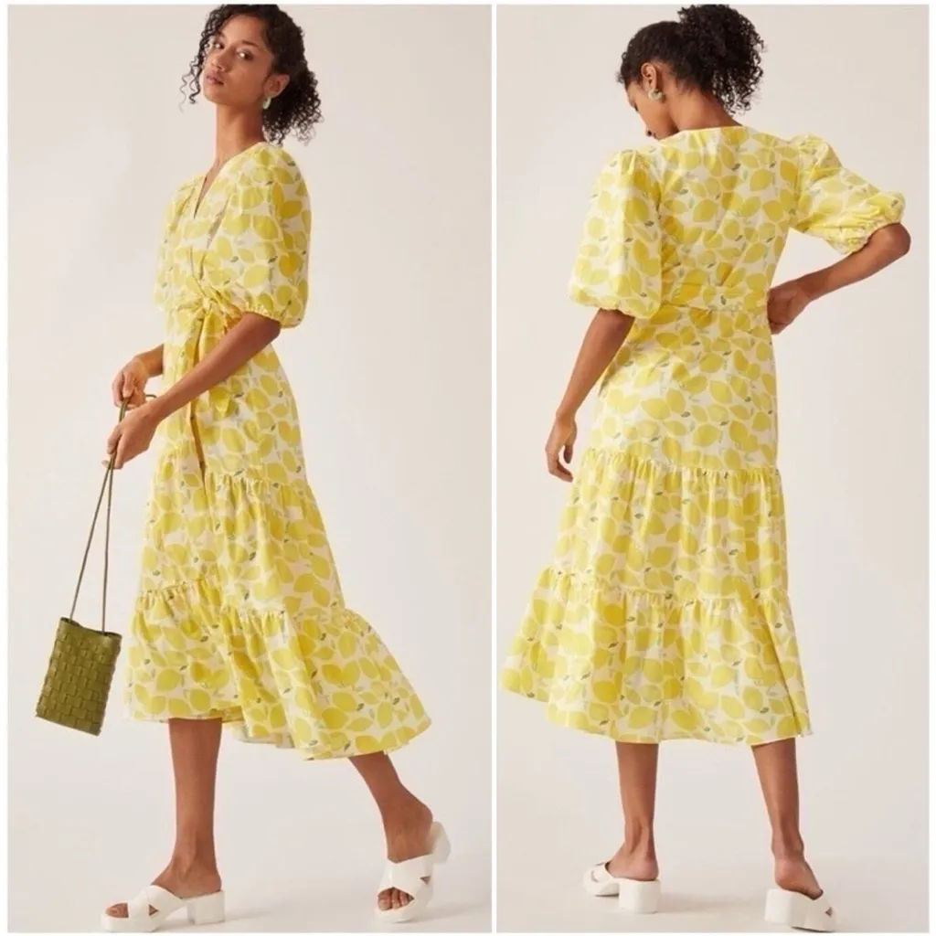 Hutch Lemon Print Puff Sleeve Wrap Midi Dress Yellow White Cotton Size Mecium - Image 16