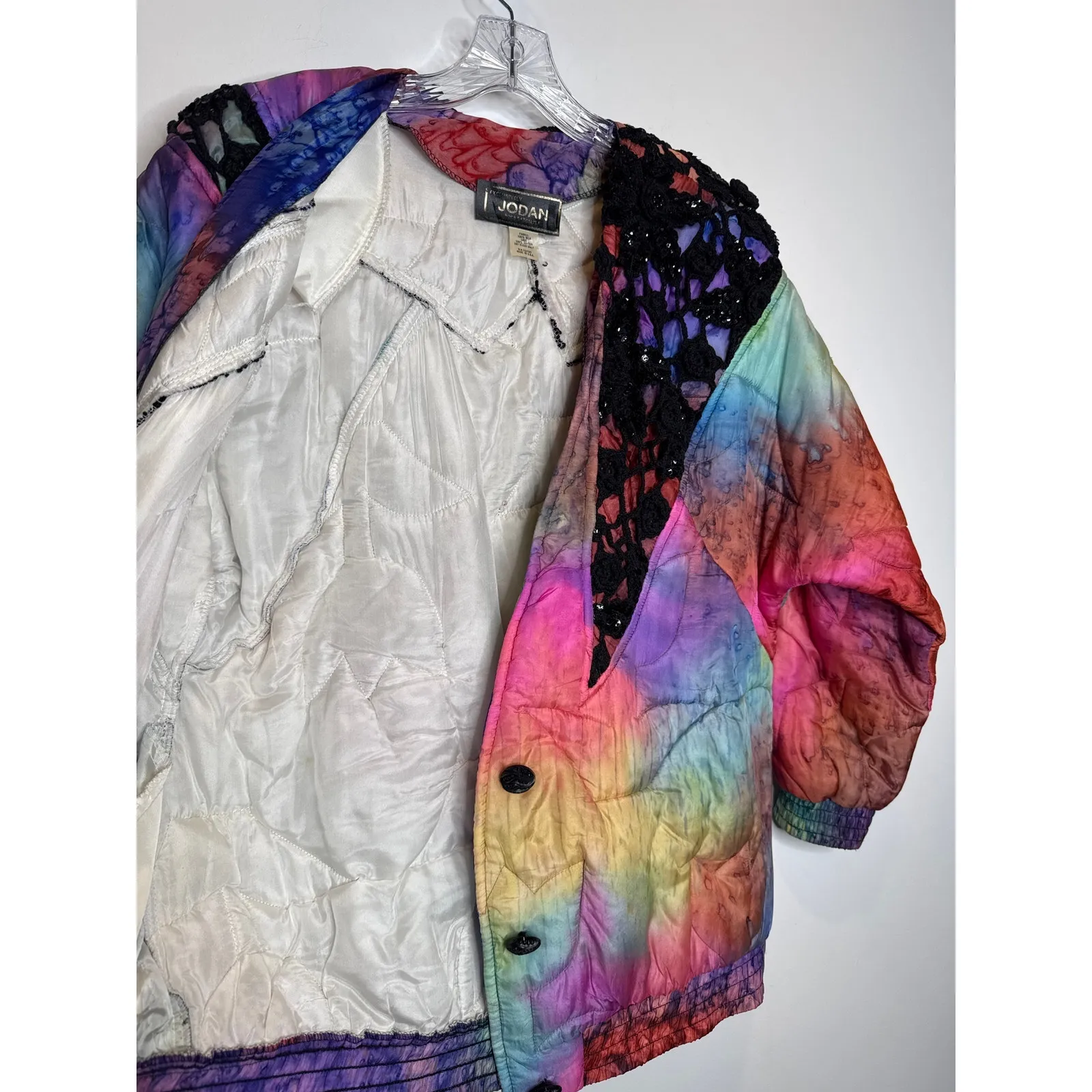 1980s–90s Jordan Silk Quilted Jacket Abstract Artwear Lace USA Large - Image 14