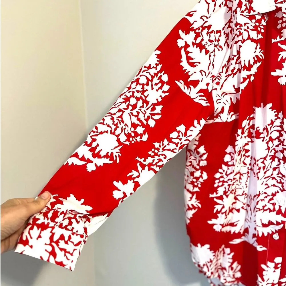 Calzedonia Red and White Abstract Floral Blouse Button-down Shirt Women's sz. M - Image 6