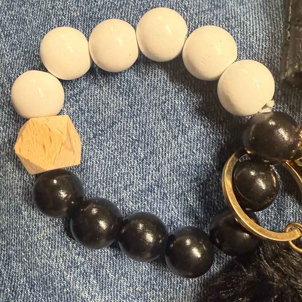 Elegant Black Quilted Key Holder with White Beads - Image 3