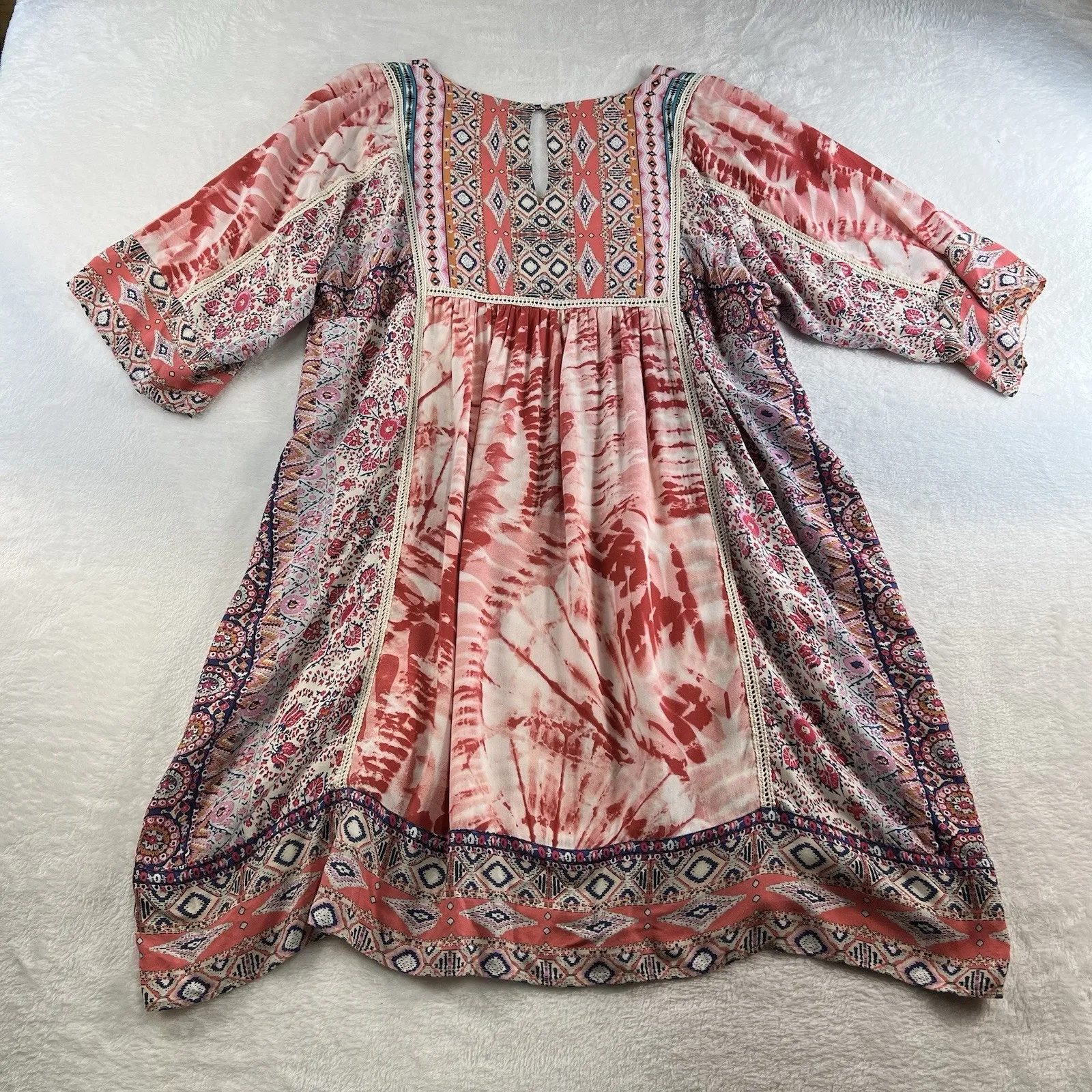 Sundance L Large Avignon Terraza Floral Dress Patchwork Bohemian Keyhole Boho Pink - Image 10
