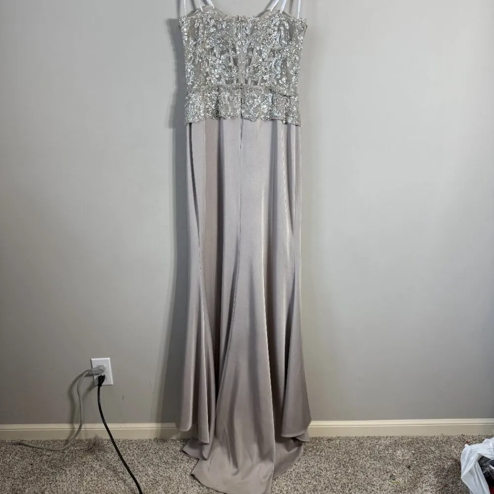 NWOT Montage by Mon Cheri Strapless Beaded Satin Gown Womens 12 Champage Sheer Silver - Image 8