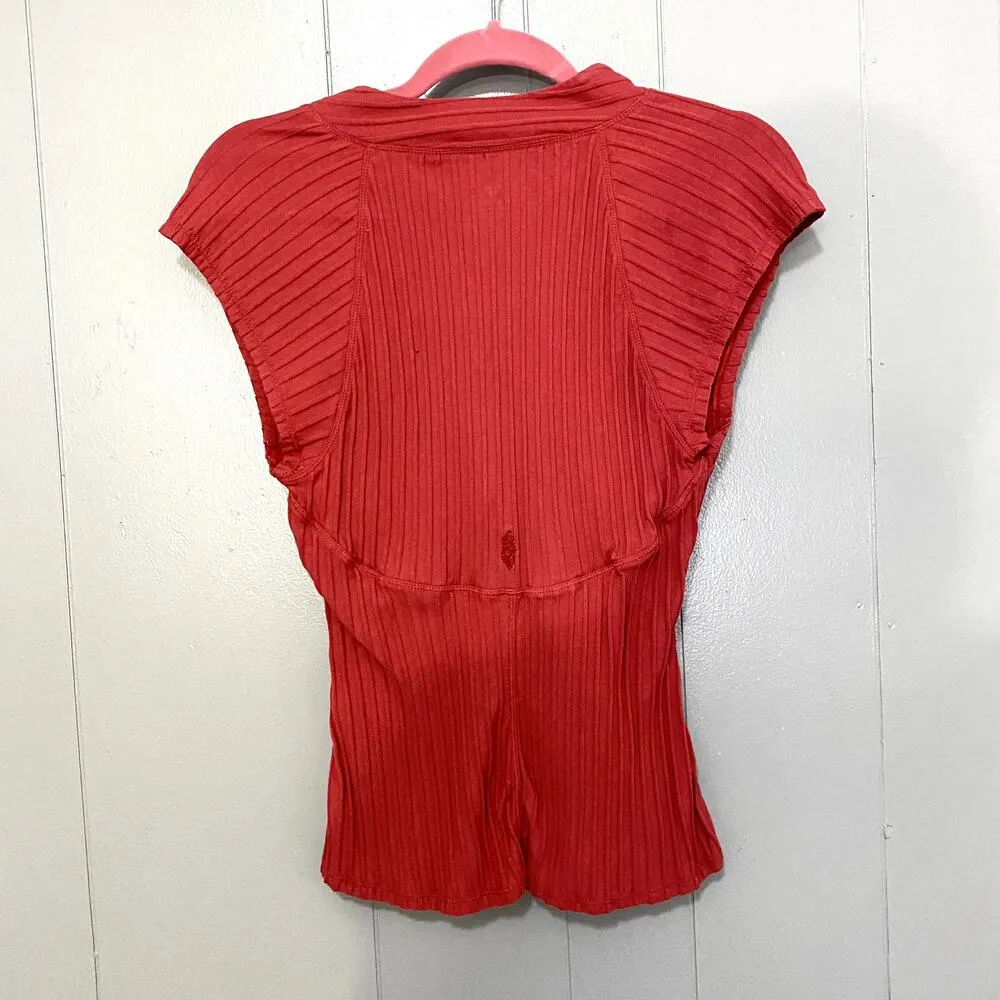 Free People Movement Pink Rose Ribbed Henley Short Sleeve Boho Athletic Top L - Image 7