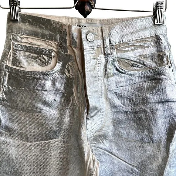 Zara mid‎ rise boyfriend  jeans metallic silver jeans size 4 NWOT - Image 5