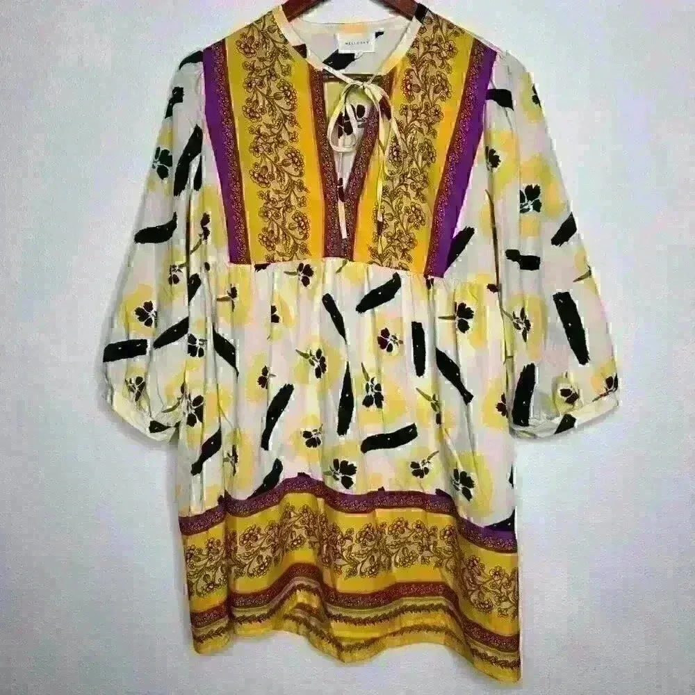 Melloday Boho Colorful Floral Tunic with tie neck Sz‎ L - Image 3